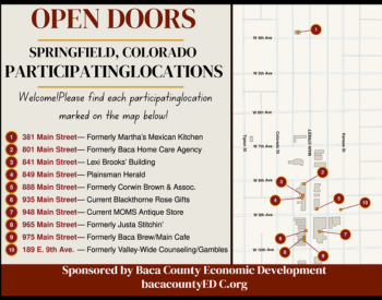 image is a list of properties and a map showing those property locations for Open Doors Springfield. List of locations is 381 Main St, 801 Main St, 841 Main St, 849 Main St, 888 Main St, 935 Main St, 948 Main St, 965 Main St, 975 Main St, and 189 East 9th St