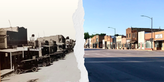 Image is buildings and cars on Springfield Colorado's main street in a black and white undated photo that has been merged with a color, modern photo of the same side of the street that has been mirrored.
